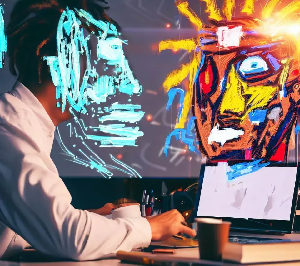 Un humain travaillant avec une intelligence artificielle - style Basquiat (image générée avec Dall-E)