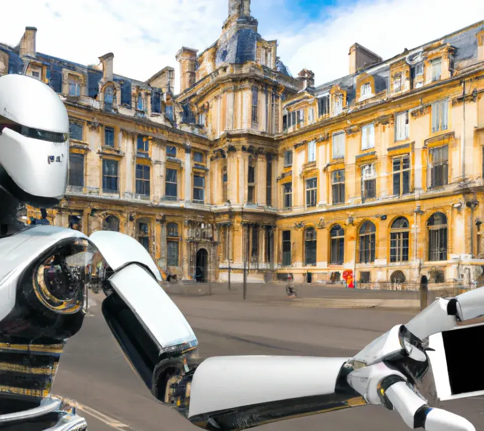 Robot se prenant en selfie devant l'académie française des technologies (image via Dall-E)