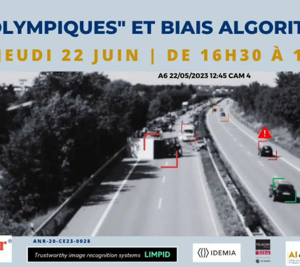 Affiche du webinaire sur "Loi "Jeux Olympiques" et biais algorithmiques"