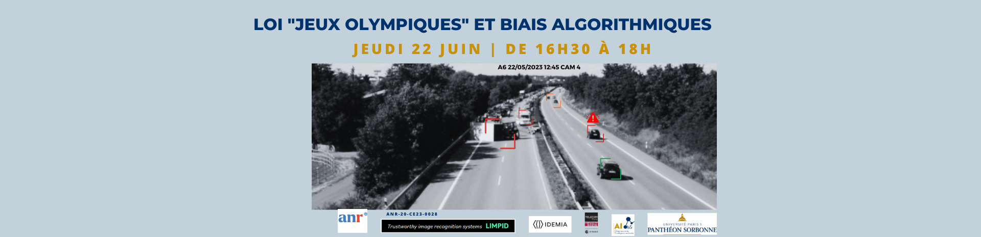 Affiche du webinaire sur "Loi "Jeux Olympiques" et biais algorithmiques"