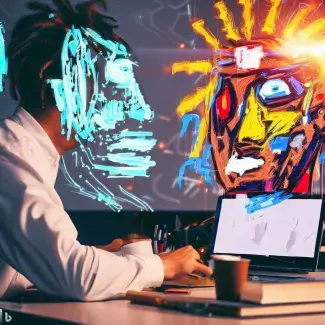 Un humain travaillant avec une intelligence artificielle - style Basquiat (image générée avec Dall-E)