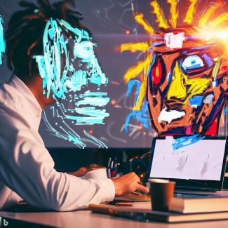Un humain travaillant avec une intelligence artificielle - style Basquiat (image générée avec Dall-E)