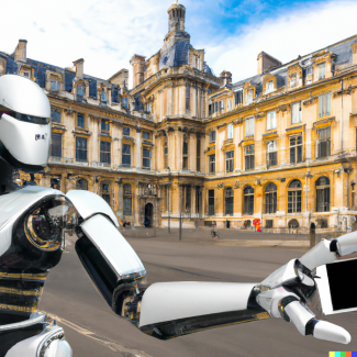 Robot se prenant en selfie devant l'académie française des technologies (image via Dall-E)